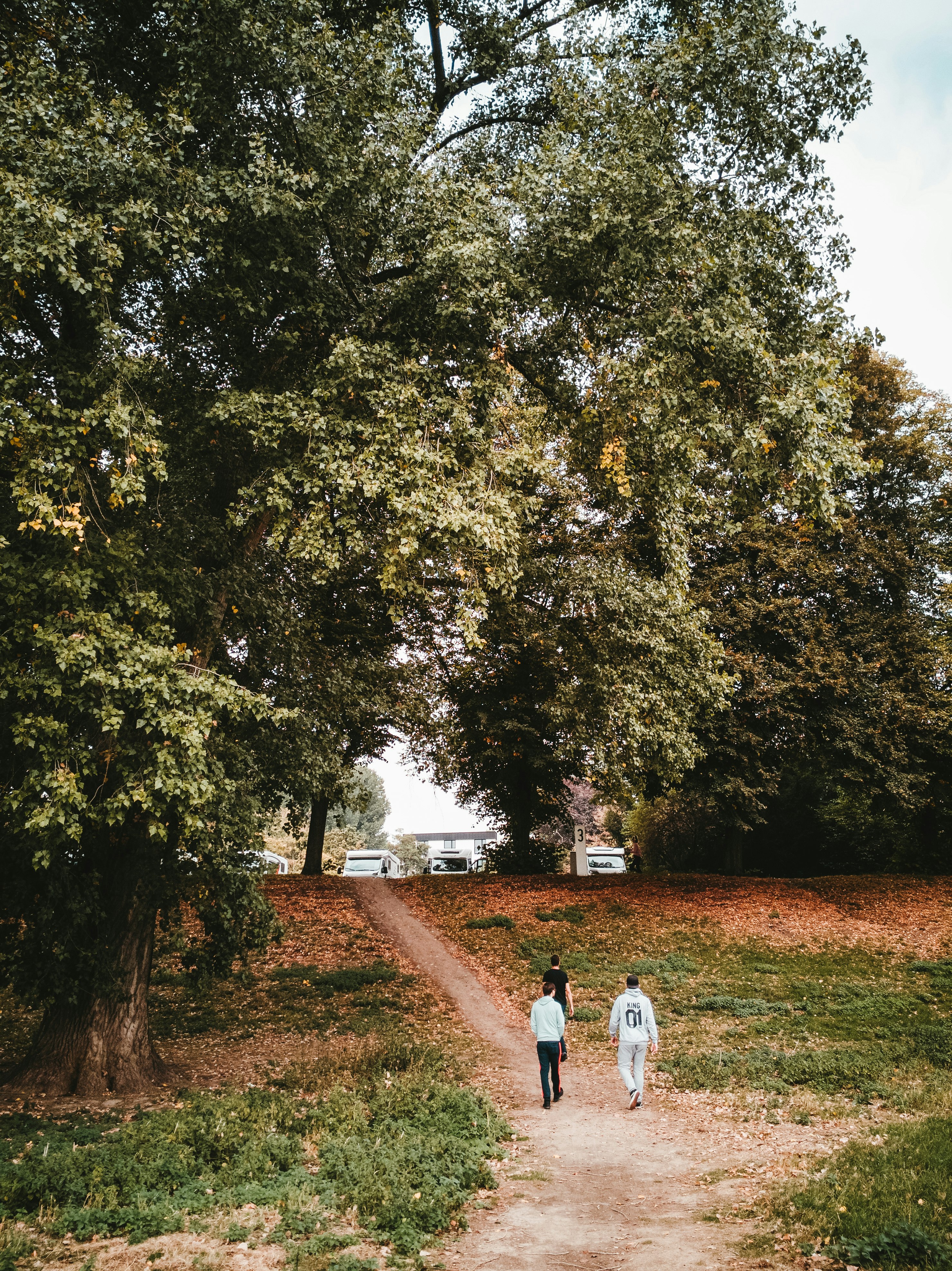 three men walking on pathway during daytime